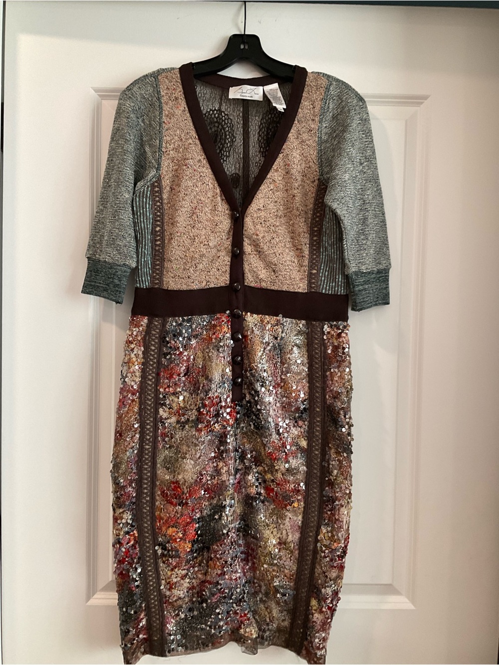 Byron Lars Mixed-Media Sequin Knit Dress - Brown Multi
